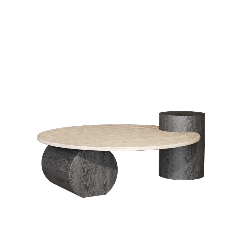 Nordic Minimalist Travertine Side Table Round Top With Solid Wood Pedestal — Beige | KIMLUD