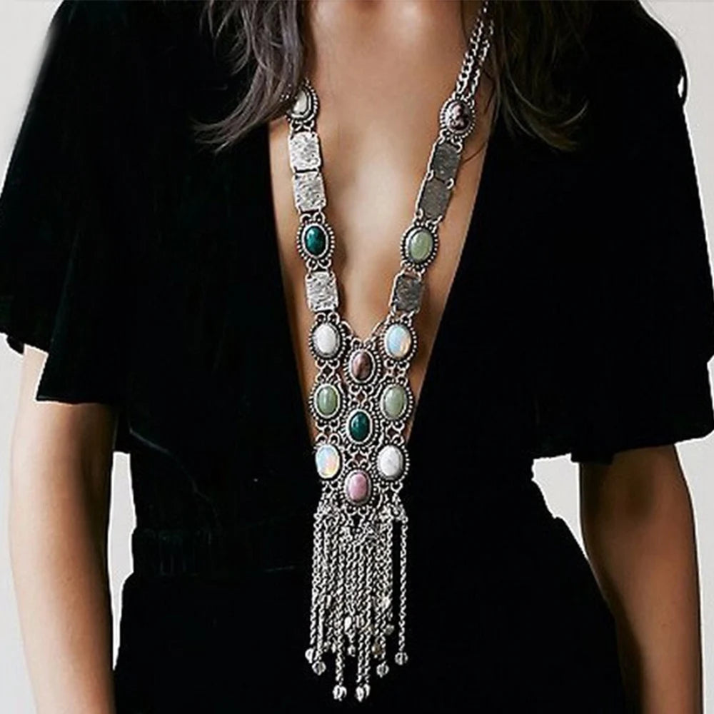 Pendant Necklace – Multi Layer Tassel Bell Turquoise Gemstone – Zinc Alloy | KIMLUD