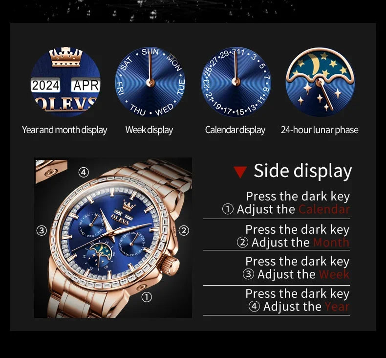OLEVS 6695 NEW Men's Watches Full Multifunctional Dial Blue Leather Strap Calendar Week Moon Phase Waterproof Wristwatch
