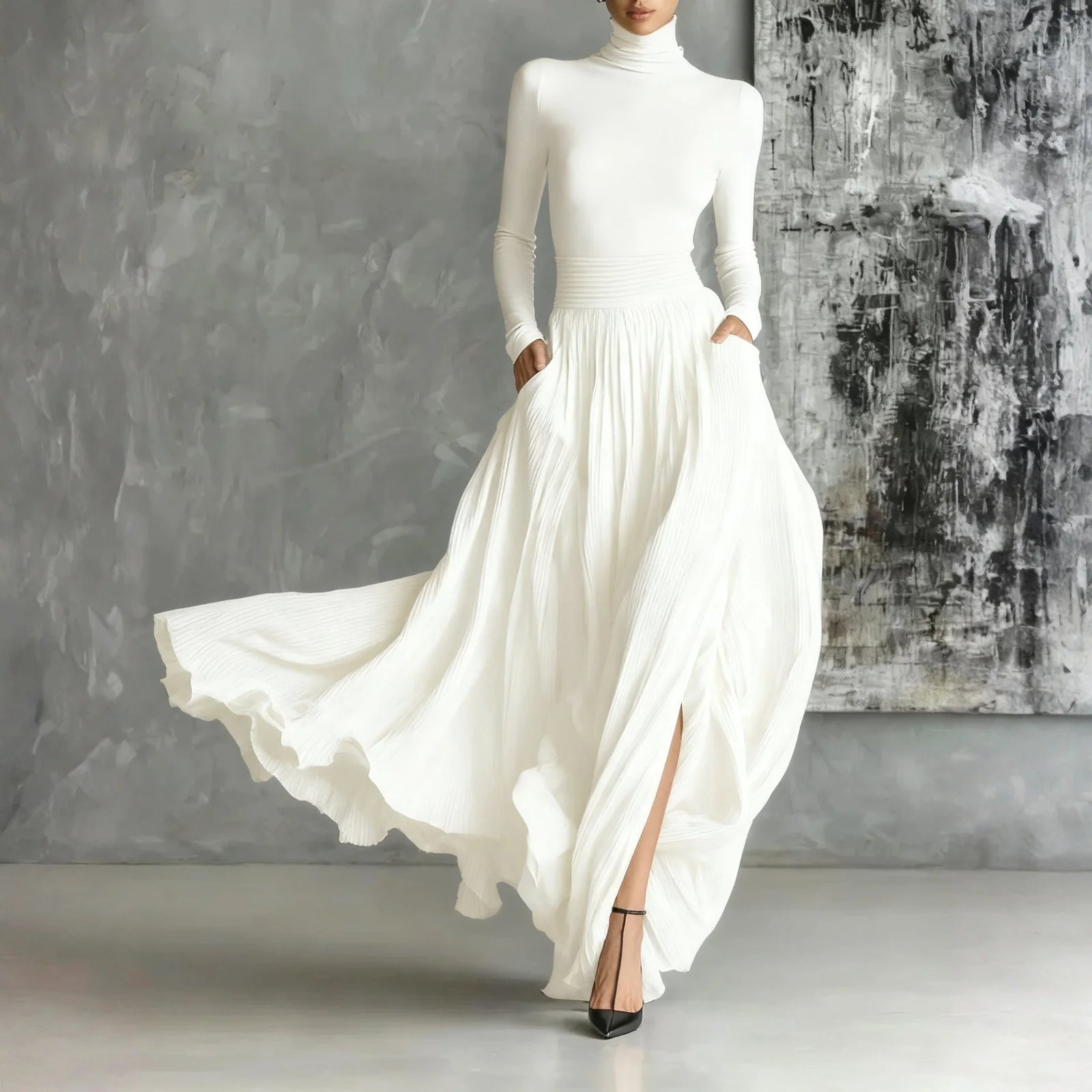 French Retro Elegant Light Luxury Slim-fit Dress for Women Turtleneck Long Sleeve Long Dresses Flowy Dress with a Large Skirt