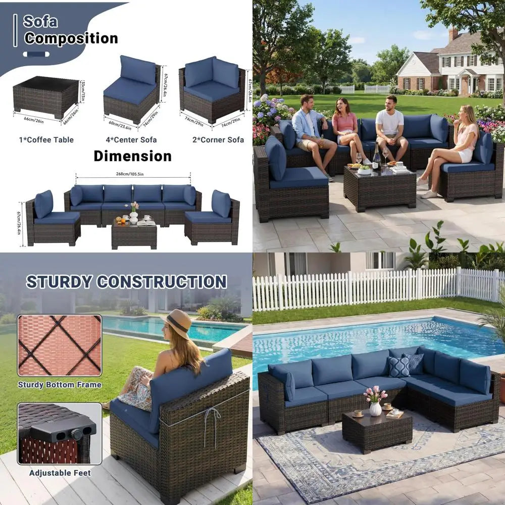 7-Piece Outdoor Patio Furniture Set, Rattan Wicker Sectional with Manual Weaving and Tea Table