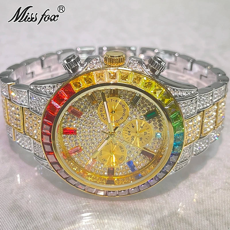 Stainless Steel Smartwatch Hip Hop Rainbow Pavé Diamonds — Gold | KIMLUD