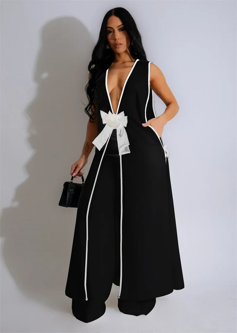 Bow Tie Matching Sets V-Neck Sleeveless Top And Wide-Leg Pants — Black | KIMLUD