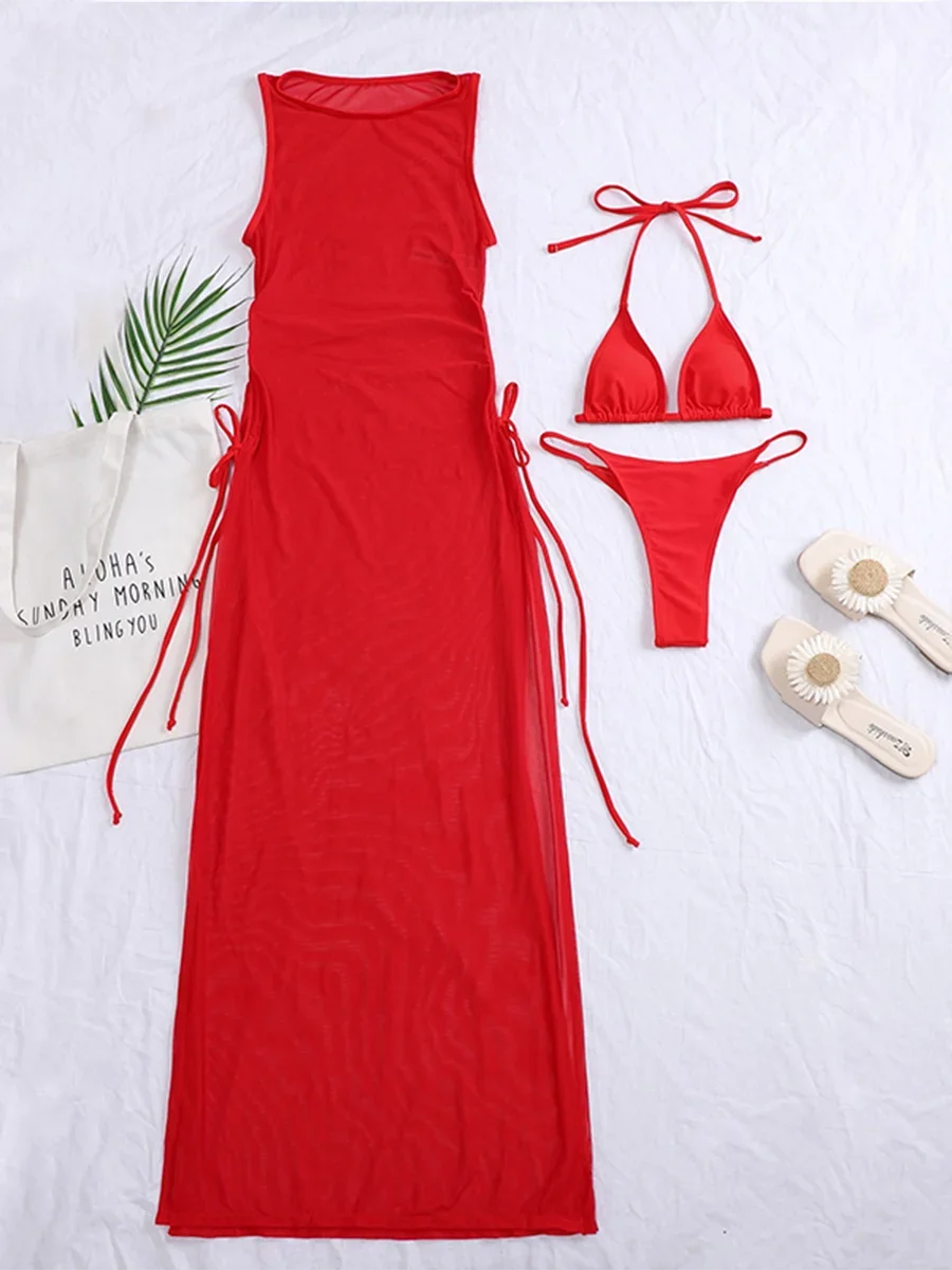 3 Pieces Thong Bikini 2023 Women With Dress String Swimwear Female Solid Swimsuit Beach Wear Bathing Swimming Suit Summer - KIMLUD