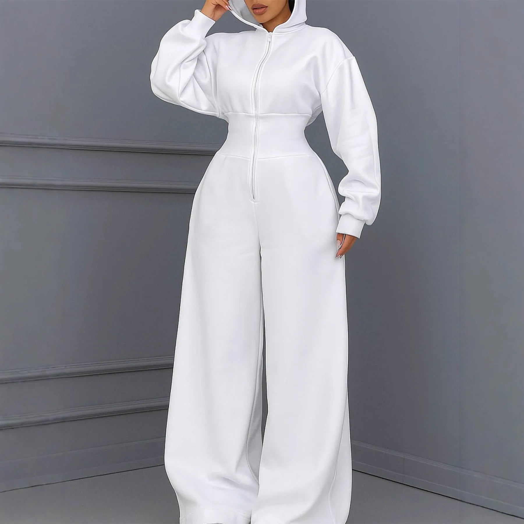 Hooded Zipper Jumpsuit Elastic-Waist — Black | KIMLUD