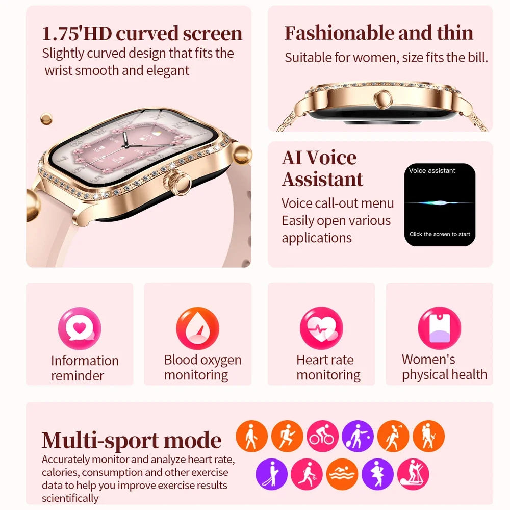 KIMLUD, 2025 New Lady Smart Watch Women AMOLED Curved Screen IP68 Waterproof Health Call Smartwatch For Samsung Huawei Apple Watch 4 ios, KIMLUD Womens Clothes