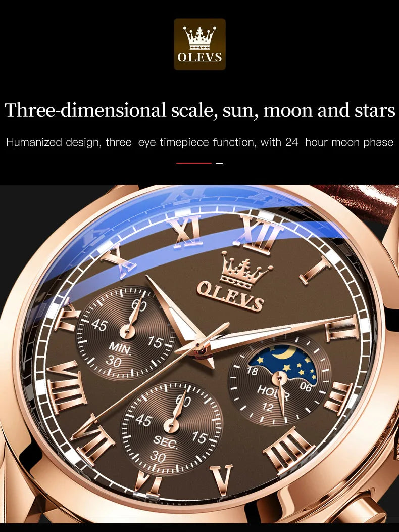 Rose-Gold Chronograph Moon Phase Watch Leather Strap — Black | KIMLUD