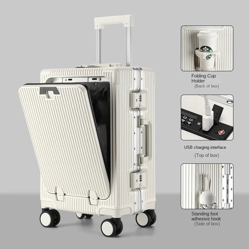 New Suitcase Front Opening Laptop Bag Aluminum  Frame Luggage with USB Port Password Trolley Case Travel Suitcases 20-28 inch