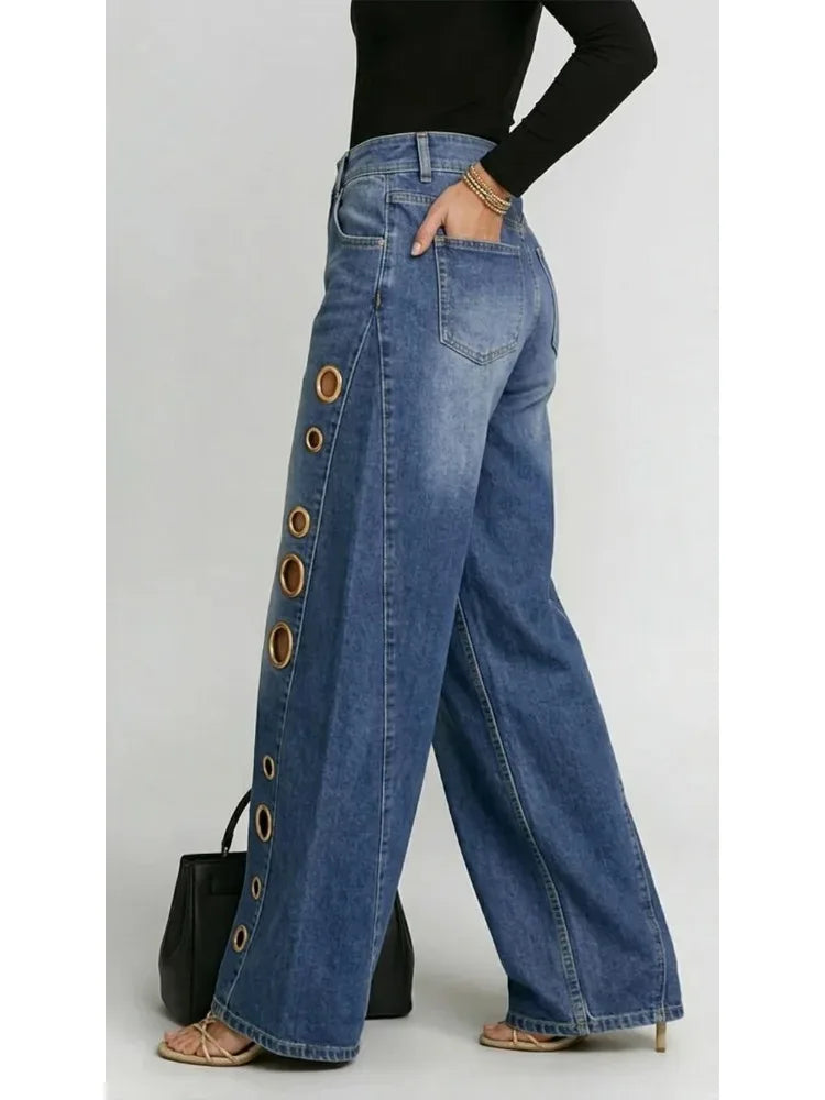 Women's Washed Blue High-Waist Metal Grommet Wide Leg Jeans 2026 Casual Loose Fit Streetwear Pants Casual Trousers