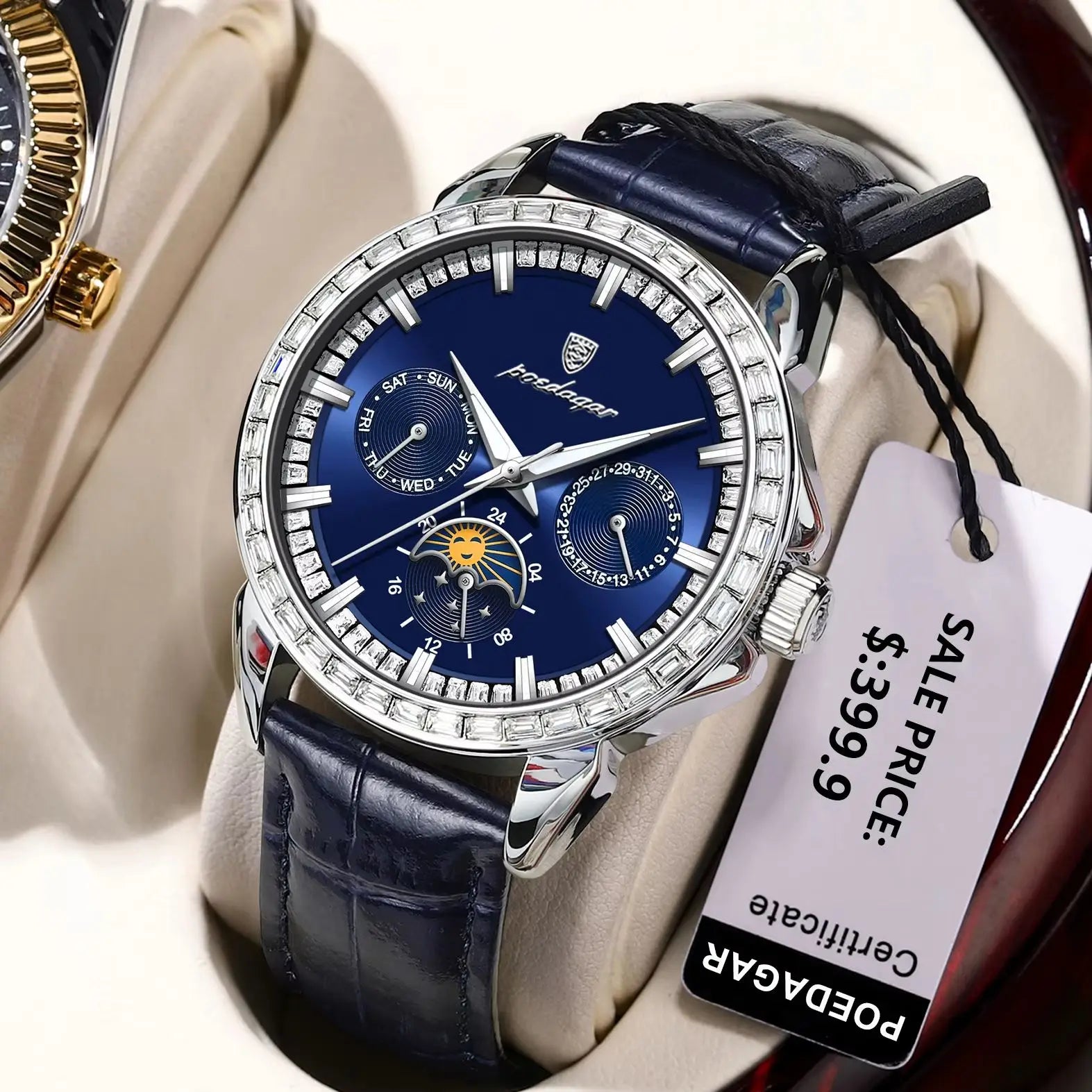 POEDAGAR Luxury Diamond Wristwatch For Men Date Week Waterproof Luminous Man Watch Fashion Business Leather Men's Quartz Watches