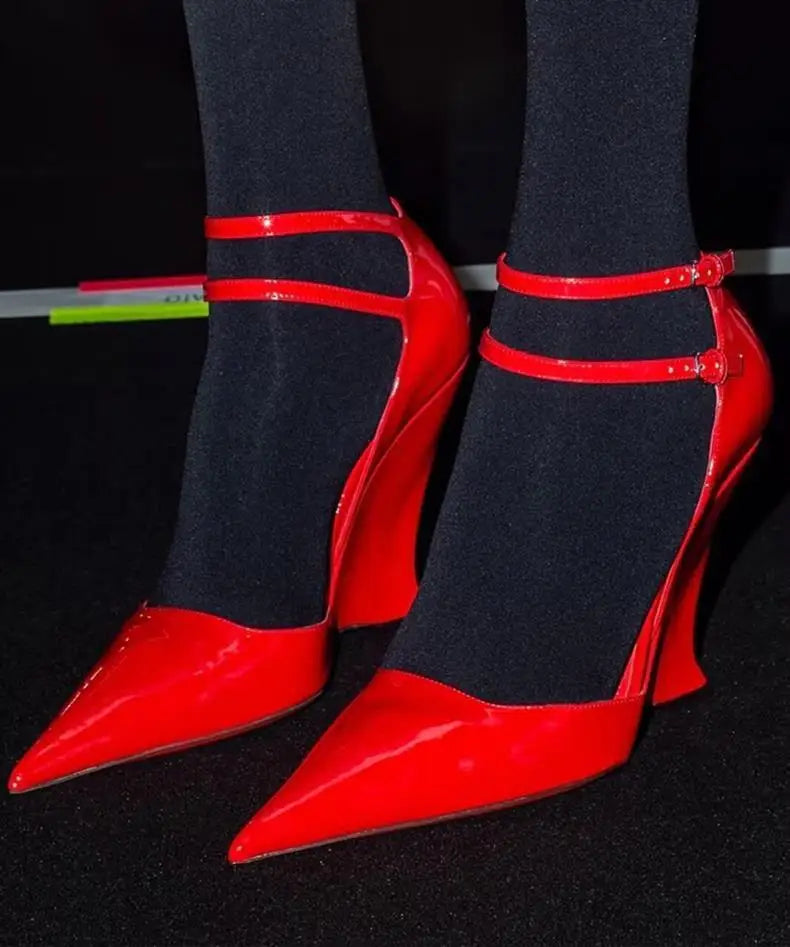 Wedge Pumps Mary Jane Buckle Strap — Red Cherry | KIMLUD