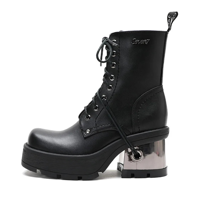 Leather Thick-Sole Moto Short Boots — Black | KIMLUD