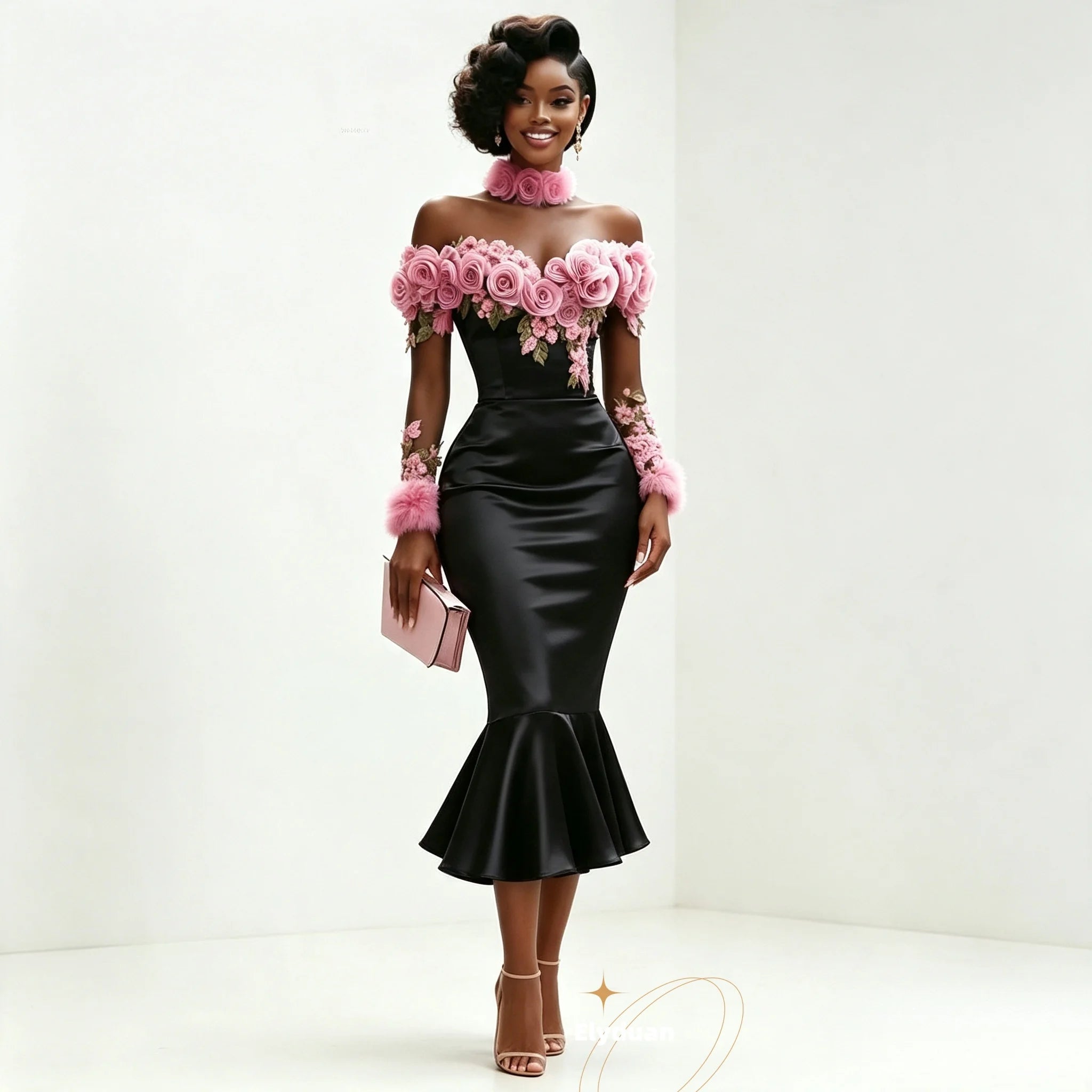 Prom Dress – Off Shoulder Long Sleeve – Satin – Black | KIMLUD