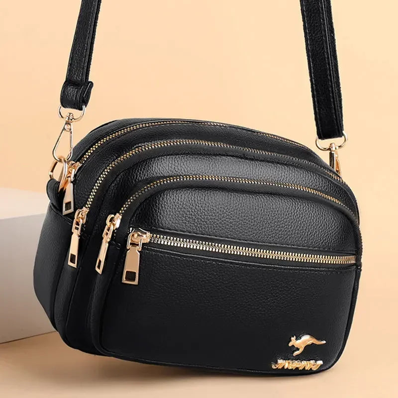 Soft Leather Shoulder Messenger Bag With Multiple Pockets And Wear-Resistant Finish — Black | KIMLUD