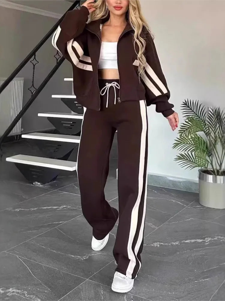 Two-Piece Set – Stand-Up Collar Zipper Top – Wide-Leg Pants – Striped | KIMLUD