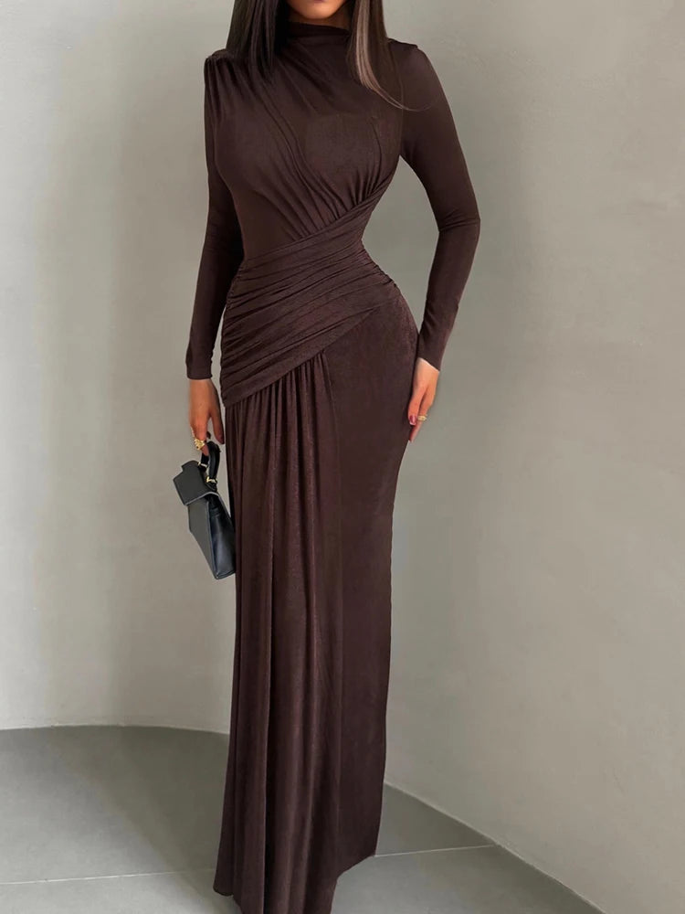 Kliou Ruched Elegant Long Dress Woman Autumn Trend o-Neck Full Sleeve Skinny Stretch Street Y2K Casual Style Classic Vestidos