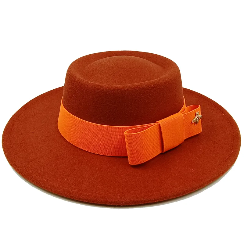 Wholesale Fedora hats Winter round concave convex surface flat top bow elastic ribbon men&#39;s and women&#39;s felt jazz hats Fedora - KIMLUD