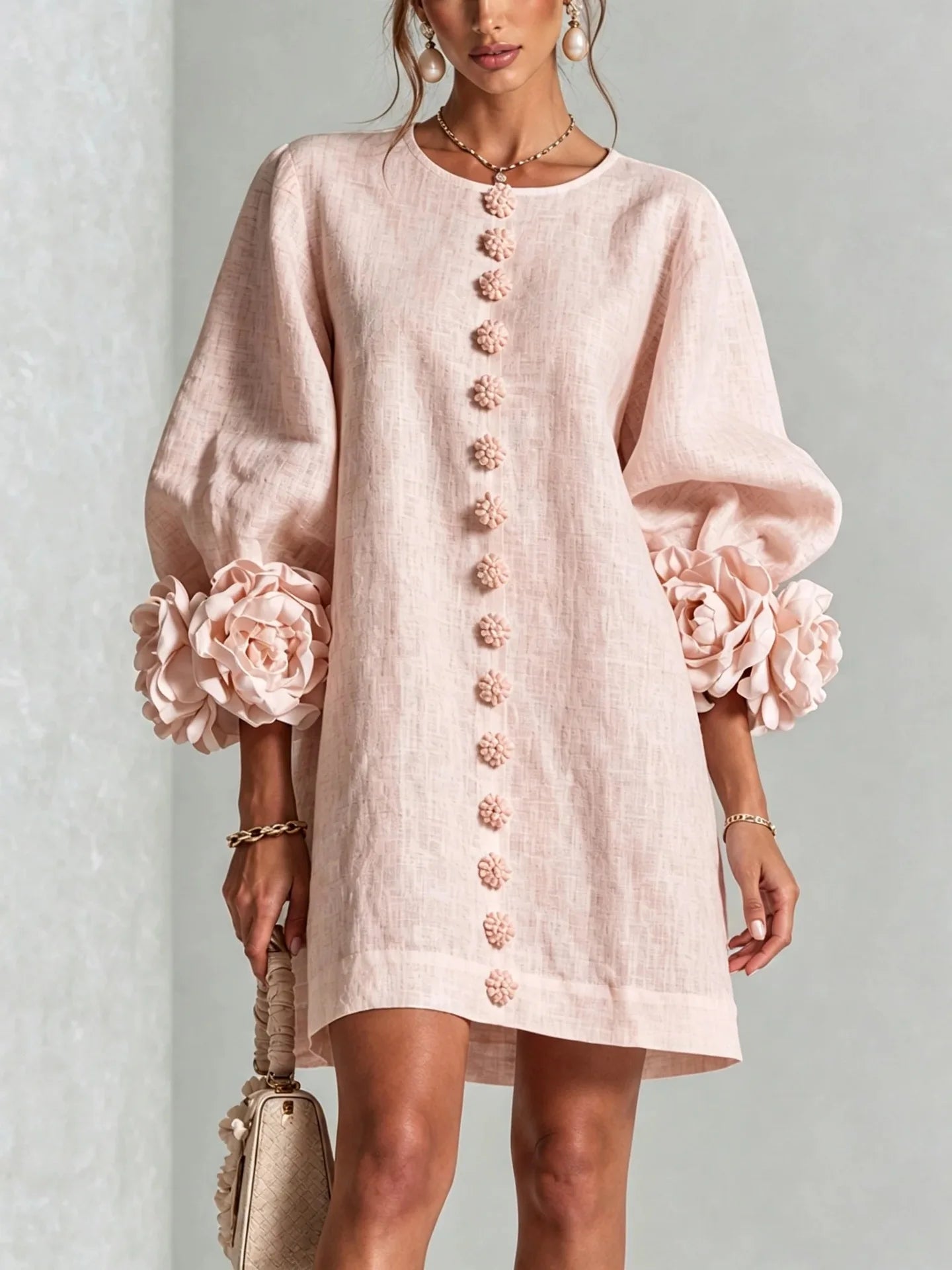 French-style Three-dimensional Flower Lantern Sleeve Cotton-linen Dress with a Round Neck, Single Button Closure, Loose Fit, and