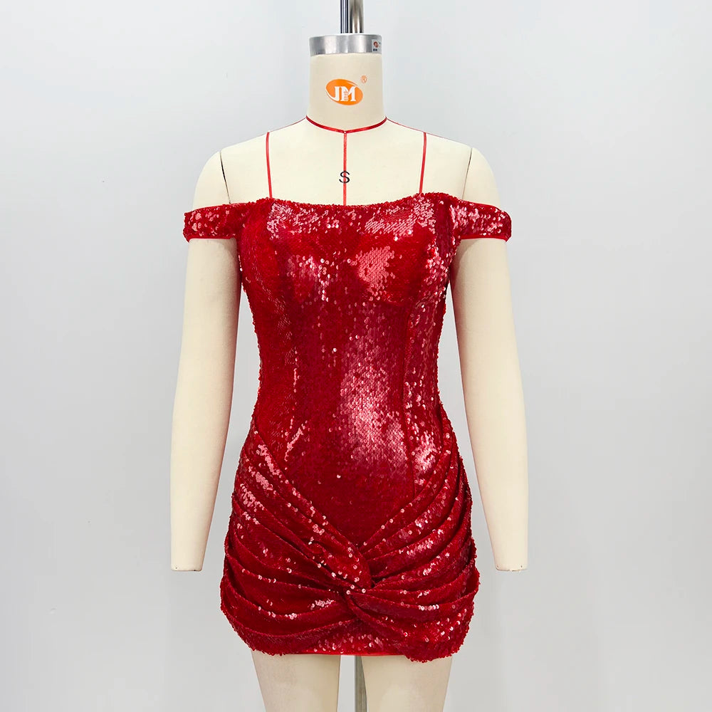 VC Party Dazzling Glamour Red Sequin Off-Shoulder Ruched Mini Dress Fashion Sexy Prom Gown