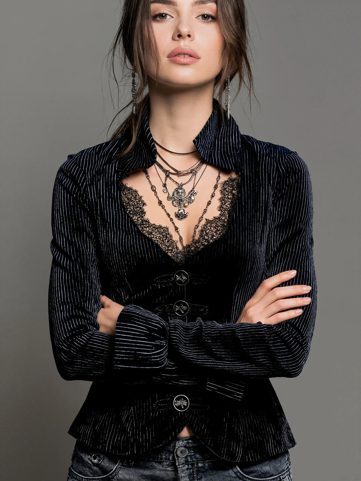 Blouse – Single Breasted Lace Detail – Velvet | KIMLUD