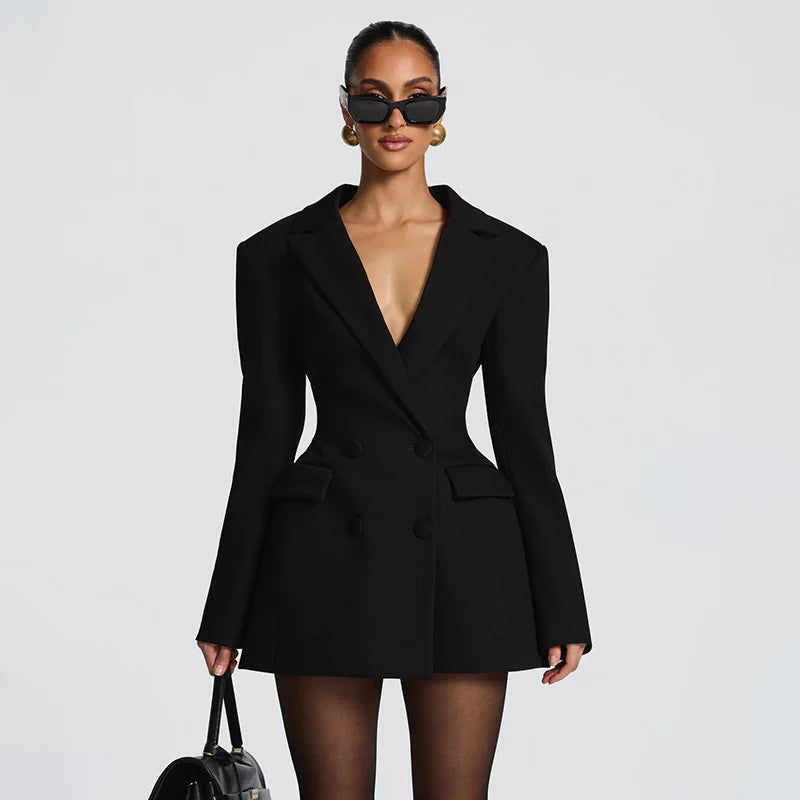 Mozision Deep V Neck Long Sleeve Sexy Mini Blazer Dress Women Elegant Double-breasted High Waist Club Party Blazers Dress