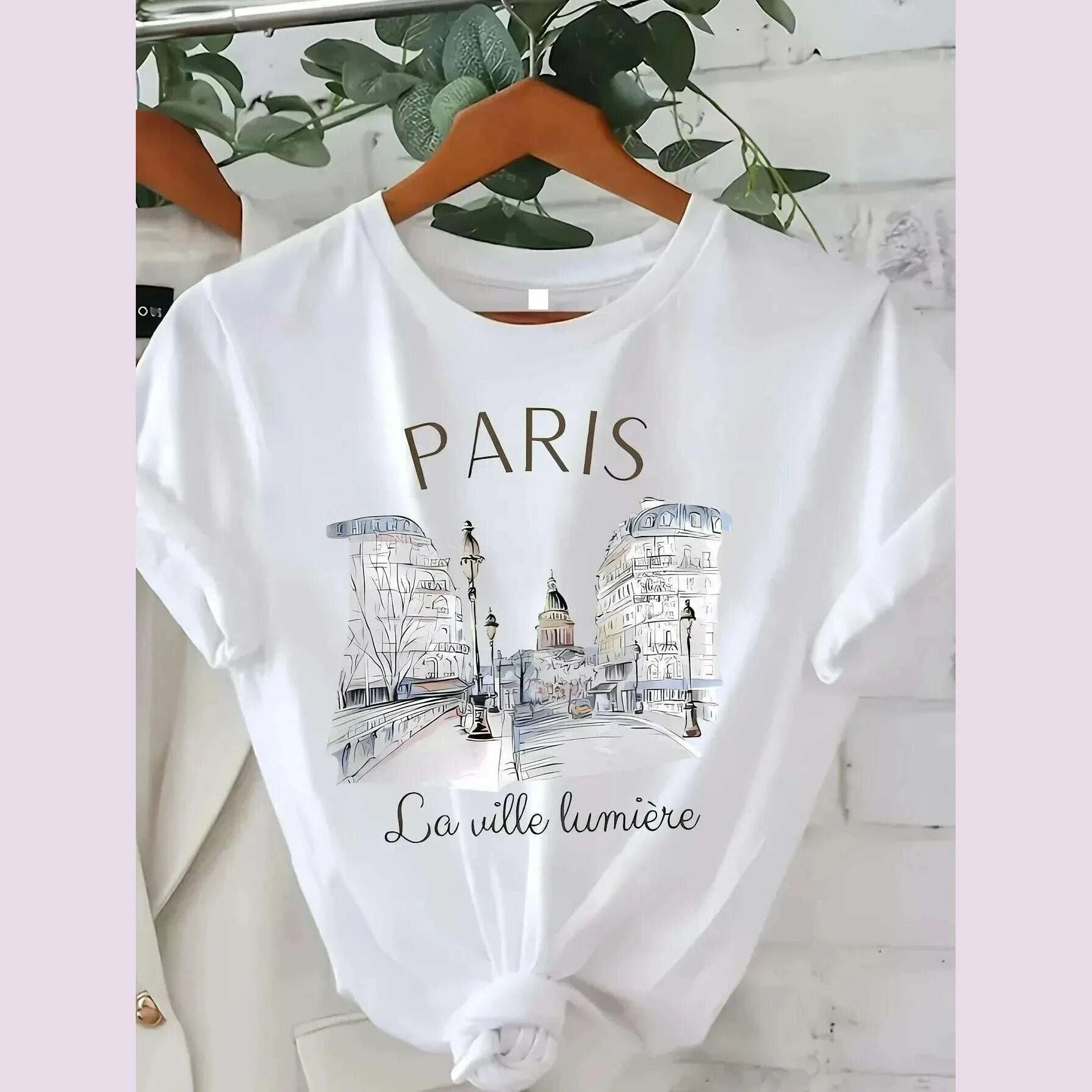KIMLUD, Vintage Elegant O-neck Short Sleeved T-shirt Paris Tower Printed Top High-quality Comfortable And Minimalist Women's Clothing, KIMLUD Womens Clothes