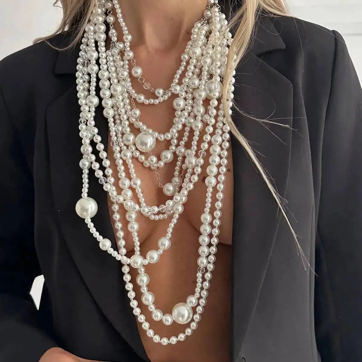 Exaggerated Layered Necklace Imitation Pearl Long Tassel — White | KIMLUD