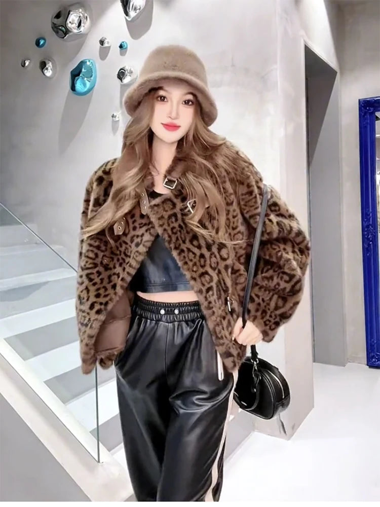 Lautaro Autumn Winter Short Luxury Soft Thick Warm Colorful Leopard Print Faux Fur Coat Women Loose Casual Fluffy Jacket 2024