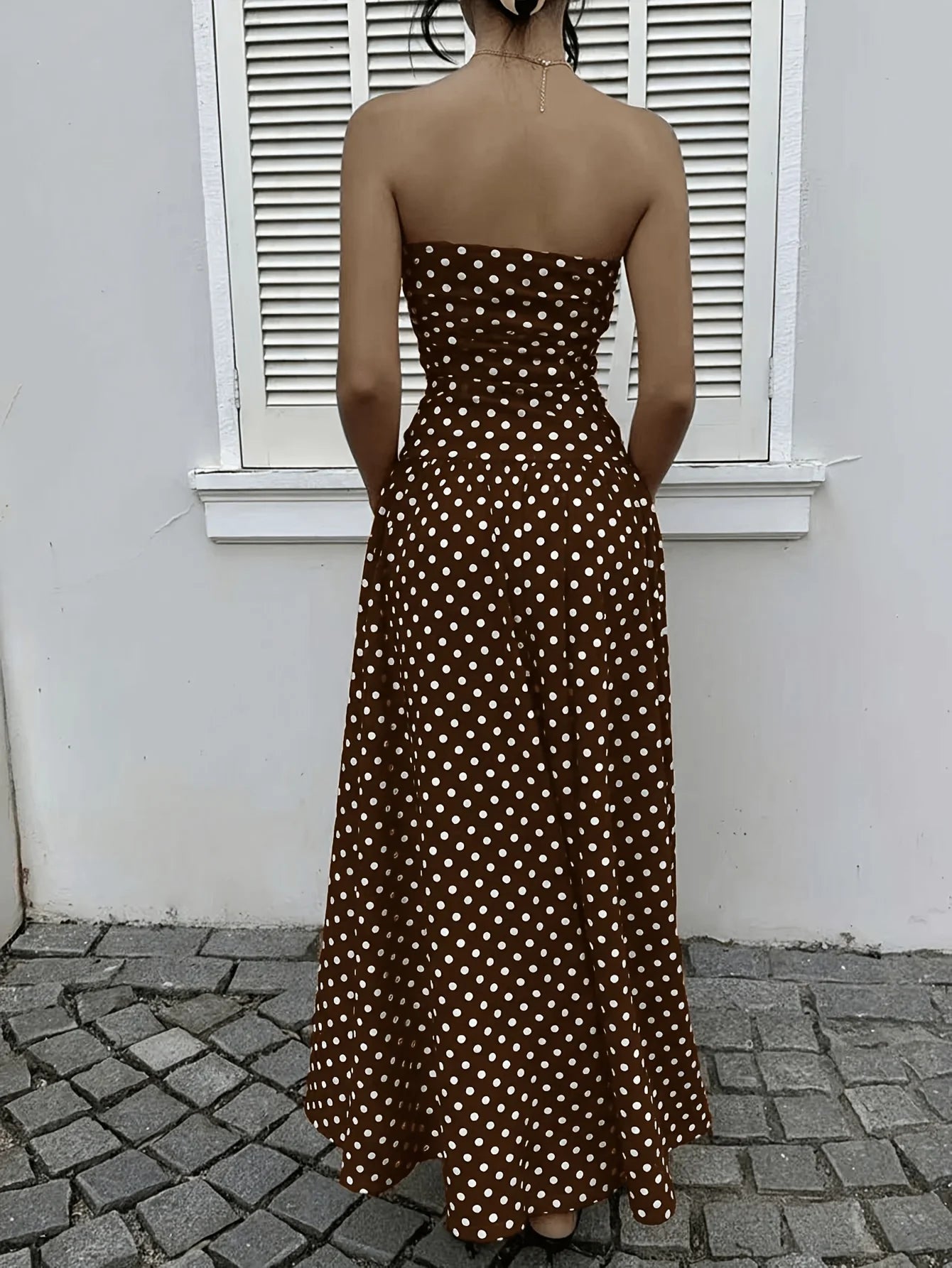 Polyester Polka Dot Maxi Vest Dress — Brown | KIMLUD