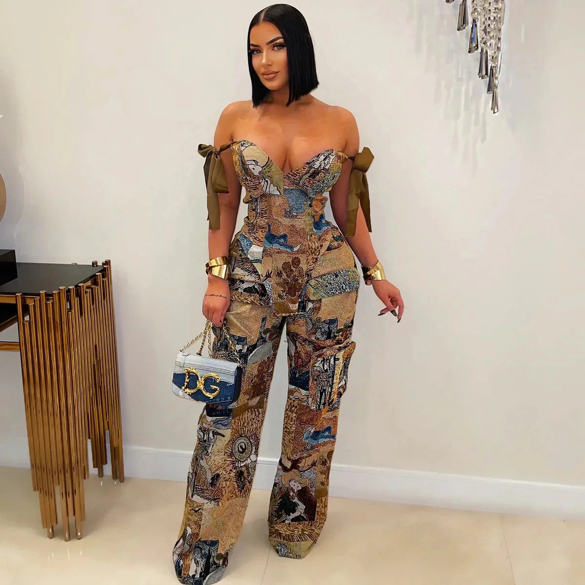 Oil Painting Print Knit Two Piece Set With Lace Up Back Crop Top — Blue | KIMLUD