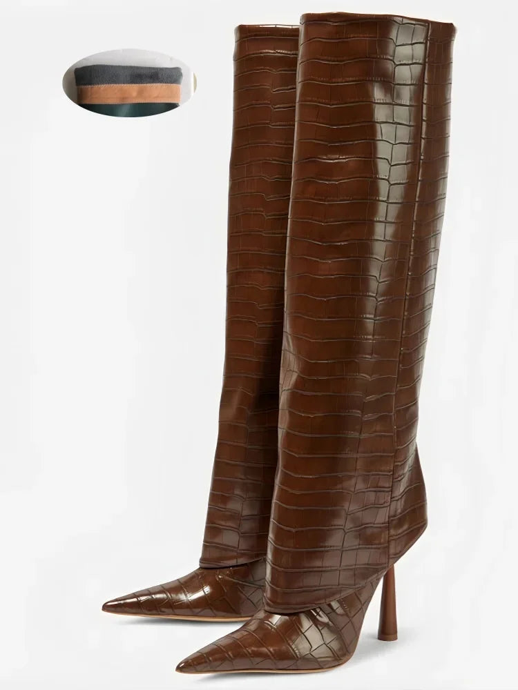 Women's Fashion Retro Stone Pattern Pointed Sleeve Skirt Boots European and American High End Loose Pants Banquet Boots