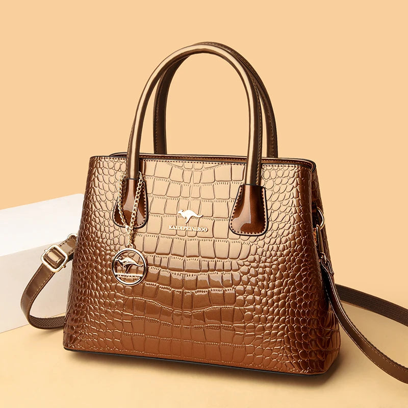 Crocodile Pattern Patent Leather Tote Bag Crossbody Zipper Closure — Black | KIMLUD