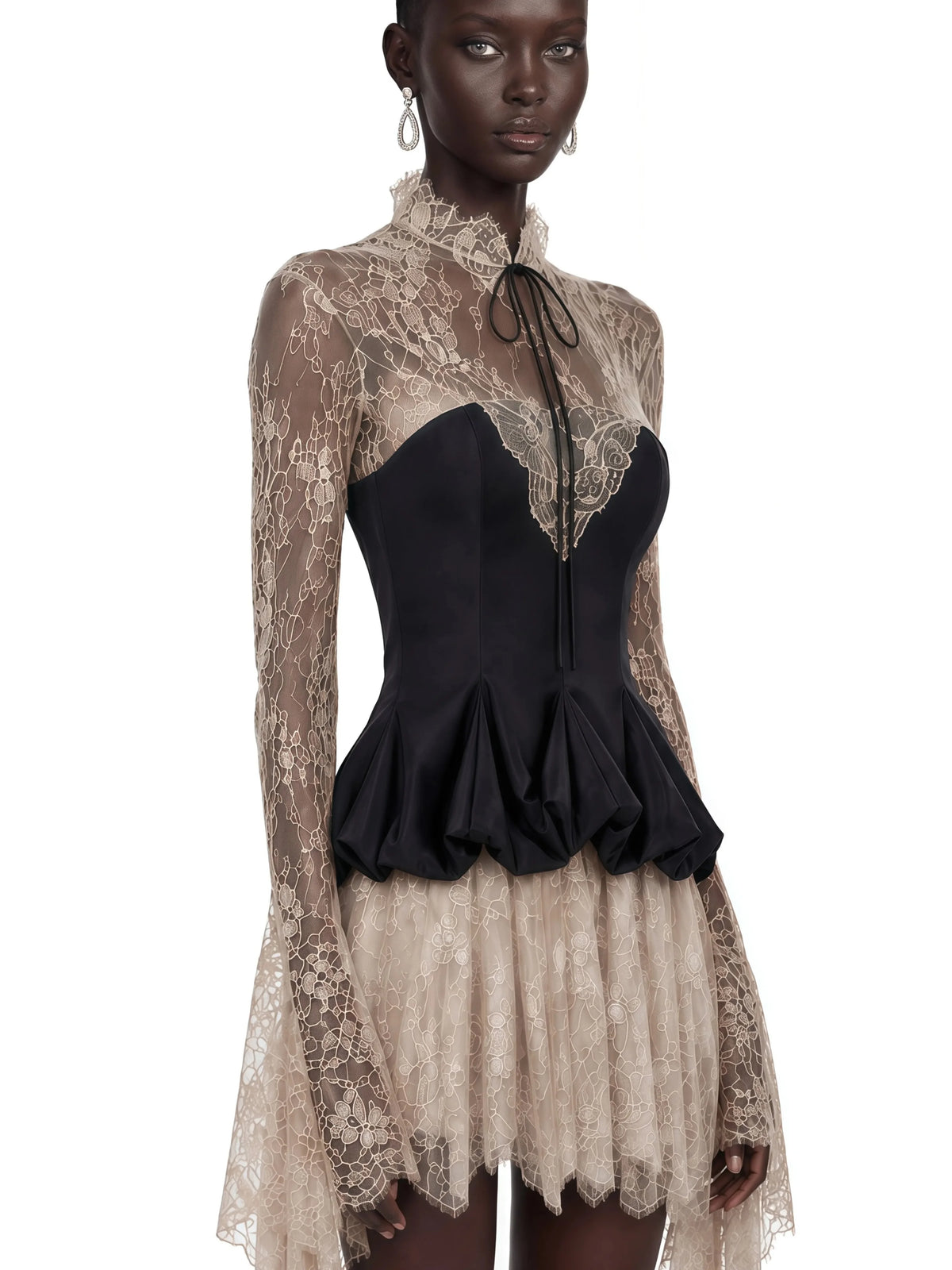Lace Mini Evening Dress – High Neck Corset – Lace – Black | KIMLUD