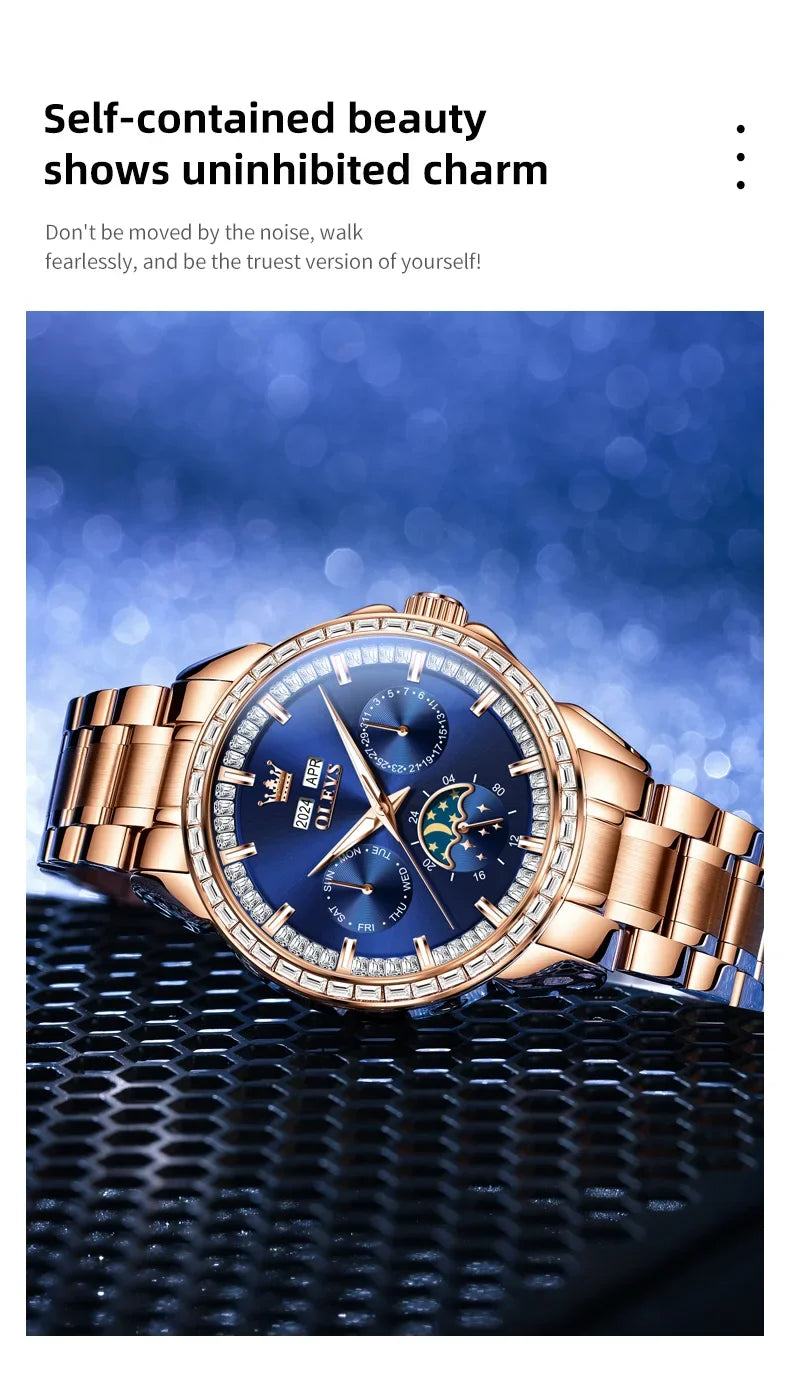 OLEVS 6695 NEW Men's Watches Full Multifunctional Dial Blue Leather Strap Calendar Week Moon Phase Waterproof Wristwatch
