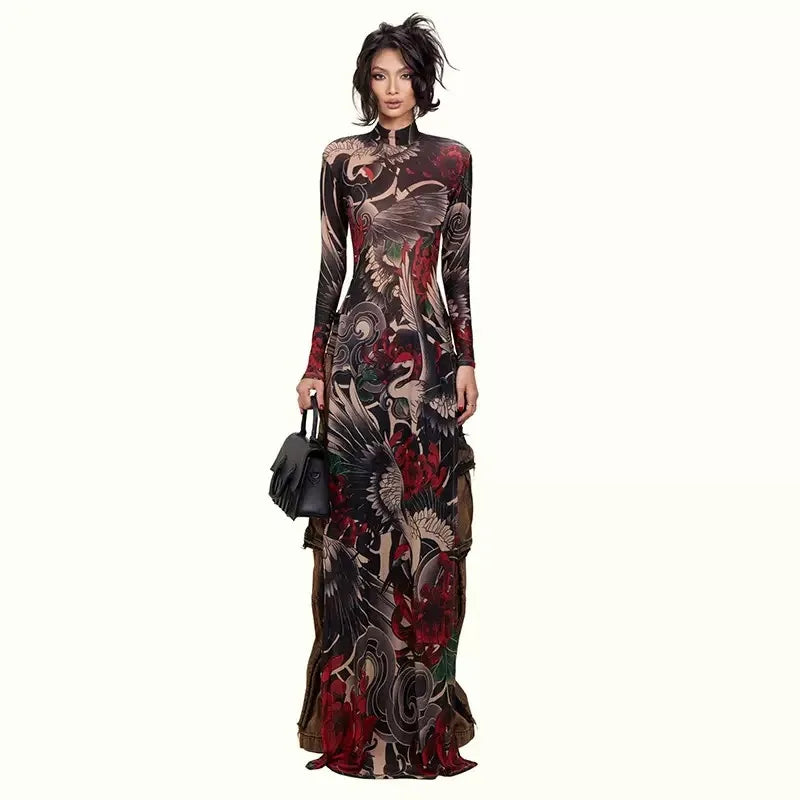 Mesh Maxi Top With High Collar Plant Print Open Split And Sheer Overlay — Black | KIMLUD