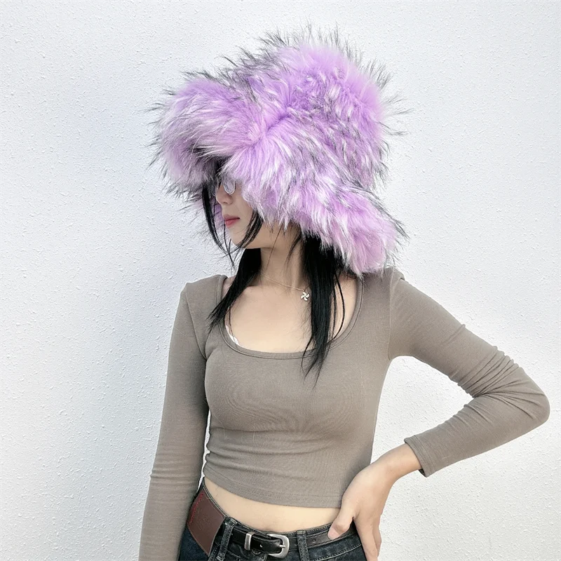 Winter Women Faux Fur Bucket Hat Warm Raccoon Fur Hat Oversize Outdoor Punk Hat Girl Fashion Long Fur Bucket Hat Furry Cute Cap - KIMLUD