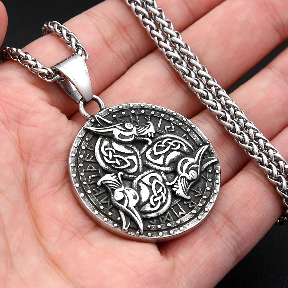 Viking Dragon Pendant Necklace Stainless Steel Round Medallion Celtic Knot Rune Engraved For Men Norse Amulet Daily Wear Jewelry