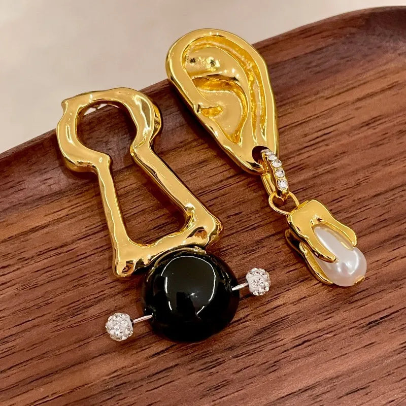 Asymmetrical Earrings Hollow Out Simulated Pearl — Pearl White | KIMLUD