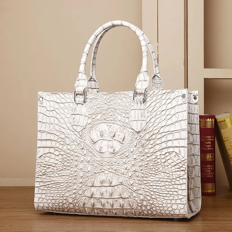 Genuine Leather Structured Tote Bag — Bone White | KIMLUD