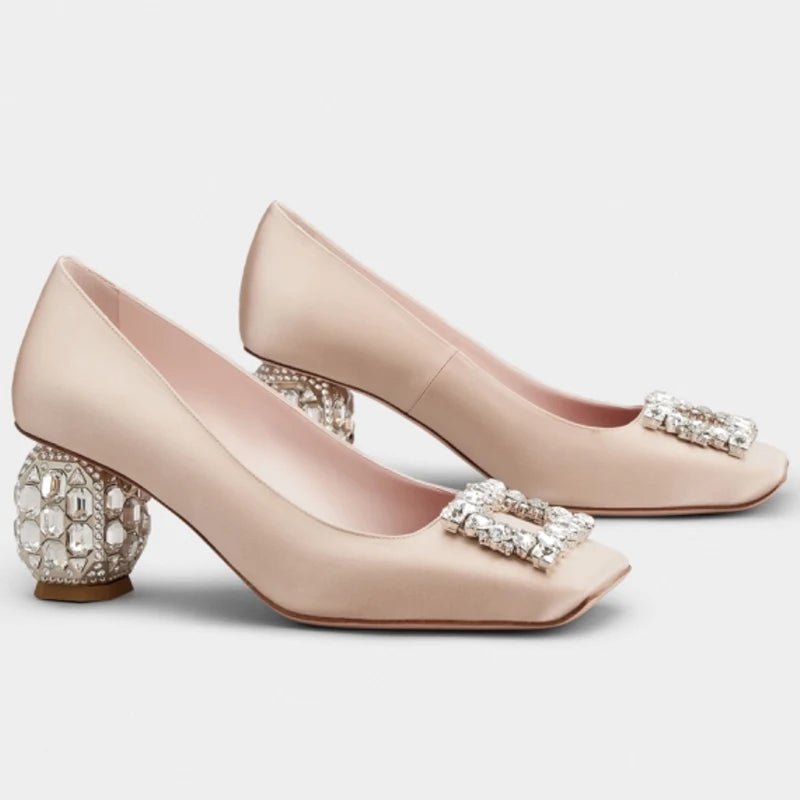 Satin Rhinestone High Heels Square Toe — Champagne | KIMLUD