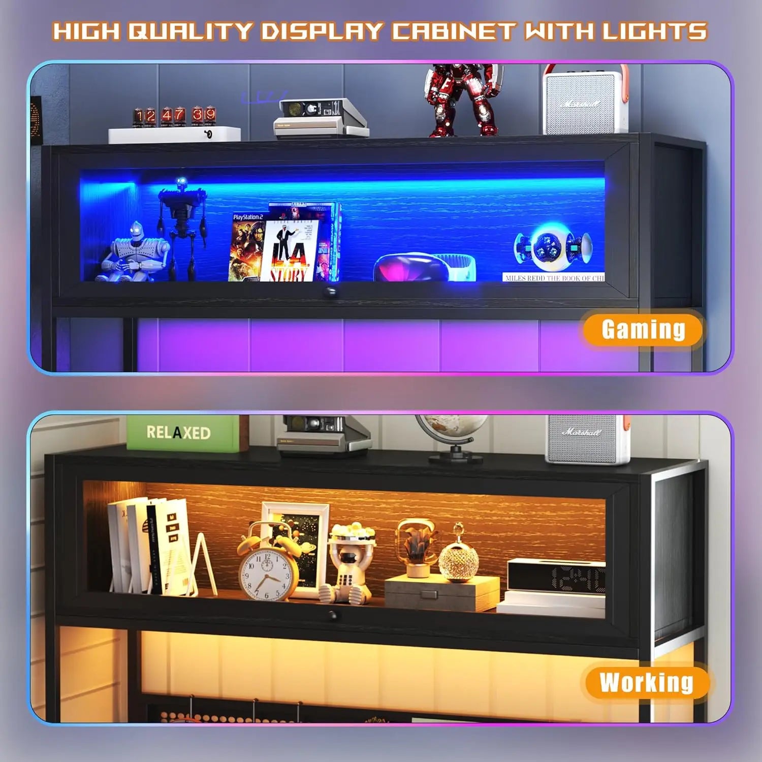 L Shaped Gaming Desk with Power Outlets & LED Lights, 49'' Reversible Computer Desk with Hutch & Pegboard & Display Cabinet