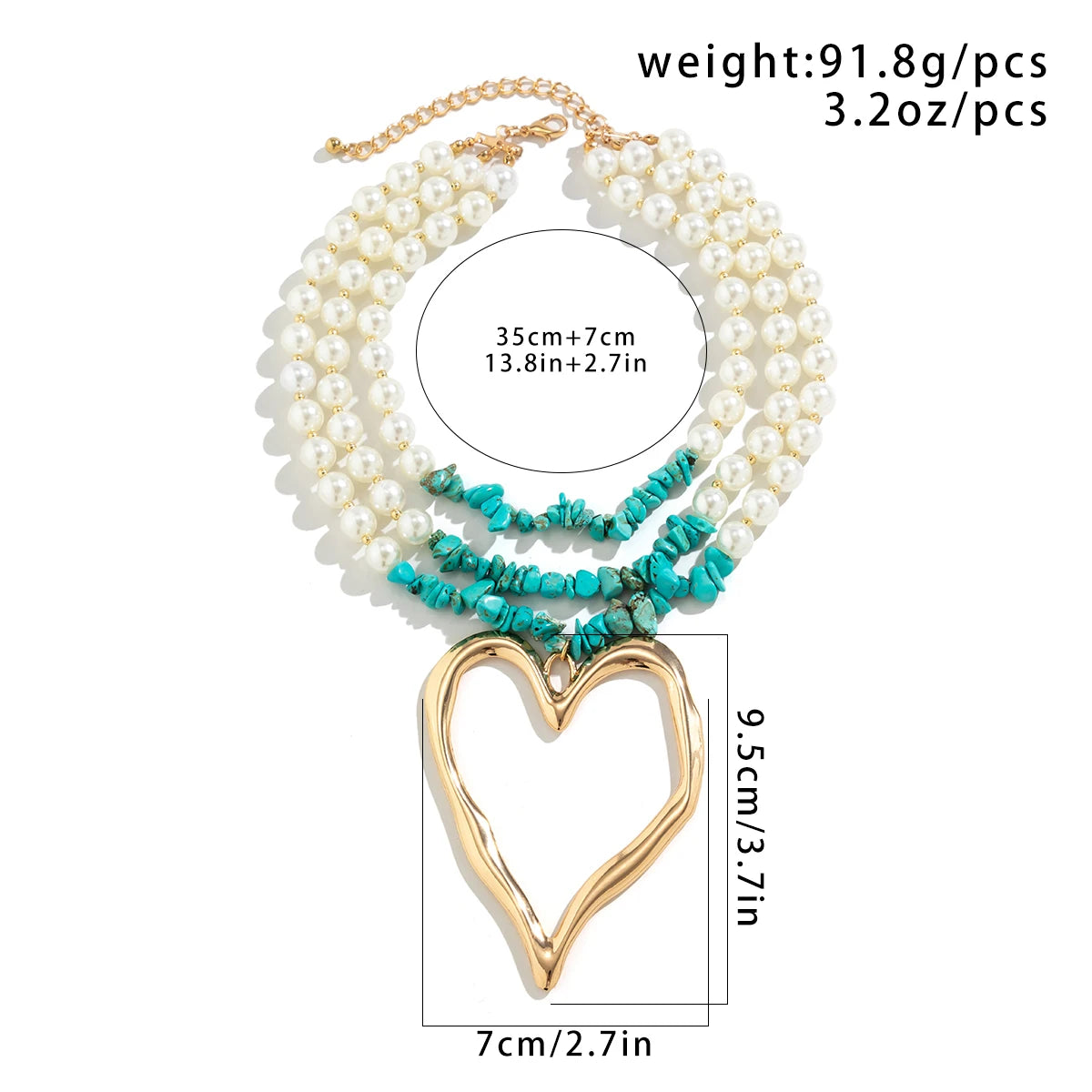 Punk Metal Big Heart Shaped Pendant Necklace Vintage Geometric Green Stone Imitation Pearl Chain Short Necklace Women's Jewelry