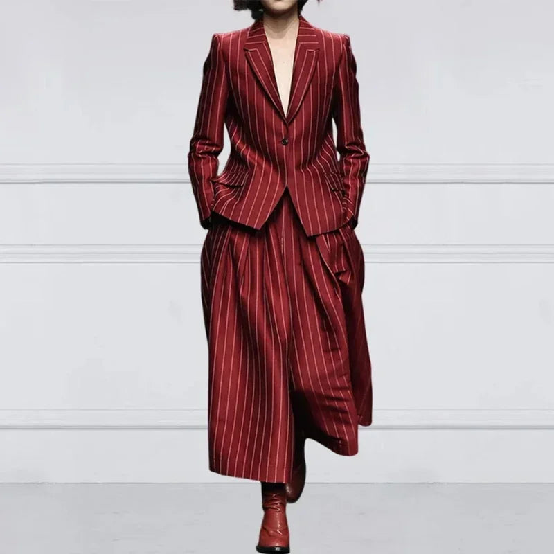 Two-Piece Striped Blazer and Wide-Leg Pant Suit – Blended | KIMLUD