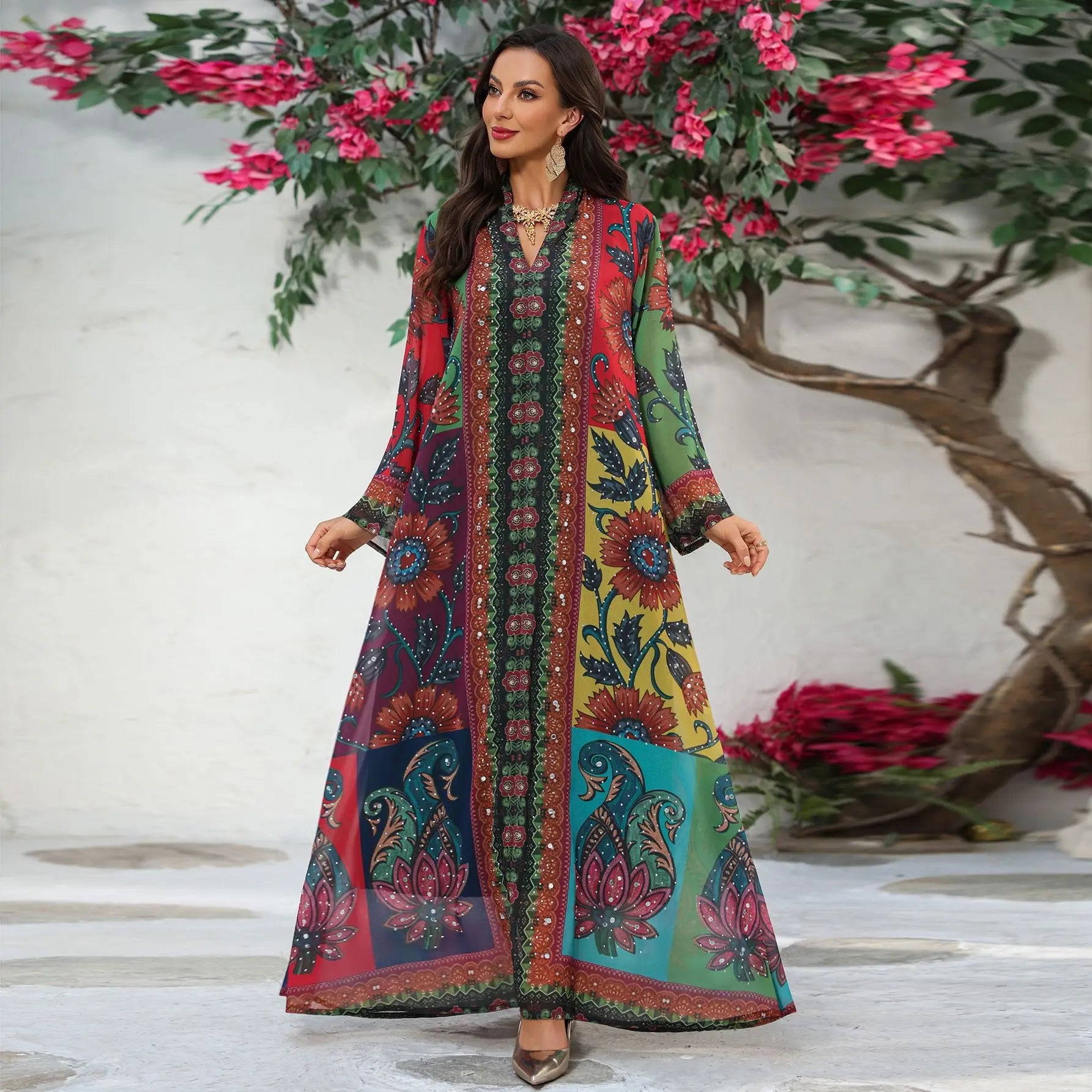 Polyester Abaya Dress Diamond Print — Multicolor | KIMLUD