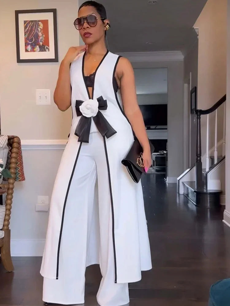 Bow Tie Matching Sets V-Neck Sleeveless Top And Wide-Leg Pants — Black | KIMLUD