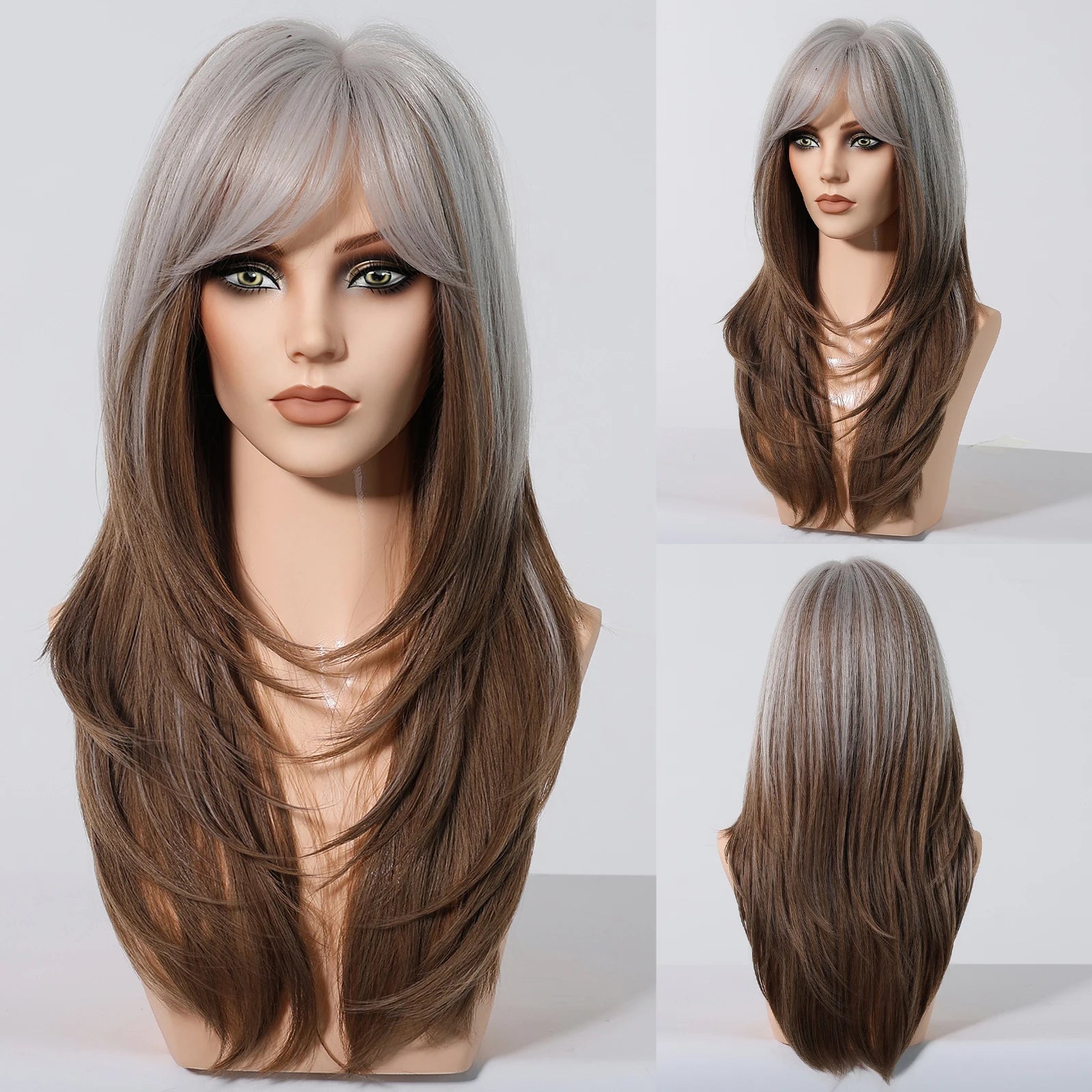 Wig – Medium-Length Layered Straight Bangs – Synthetic Hair – Grey | KIMLUD