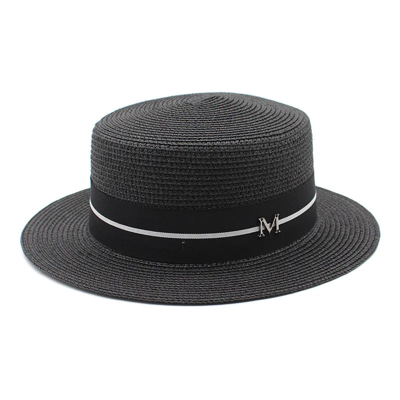 KIMLUD, 2022 New Summer Women's Boater Beach Hat Wide brim Female   Panama Hat Lady Classic Flat Bowknot Straw Sun Hat Women Fedora Hats, Black, KIMLUD Womens Clothes