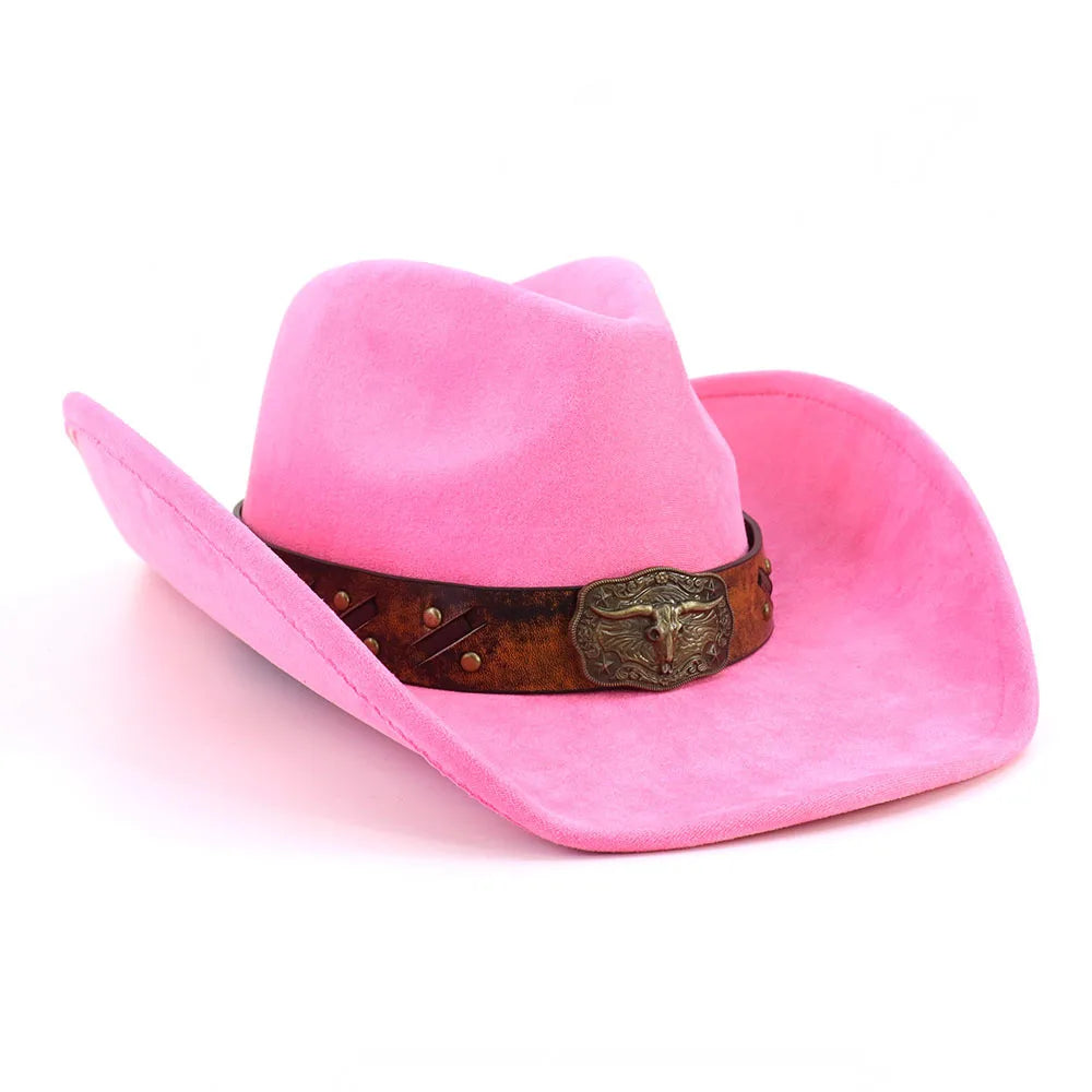 Leather Band Suede Cowboy Hat Big Brim Bull's Head — Brown | KIMLUD