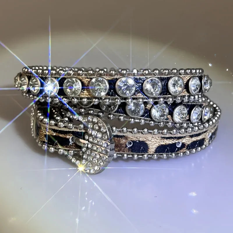 Belt – Leopard Rhinestone Bling – Metal PU – Leopard | KIMLUD