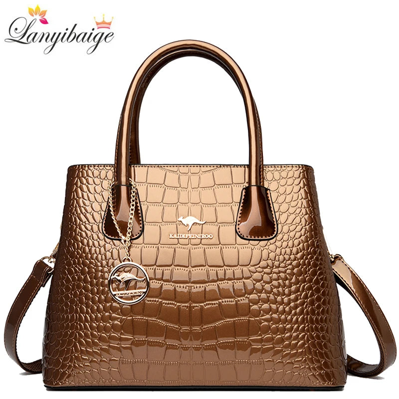 Crocodile Pattern Patent Leather Tote Bag Crossbody Zipper Closure — Black | KIMLUD